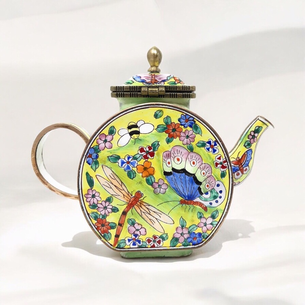 2001 Kelvin Chen Miniature Enamel Copper Decorative Teapot Butterfly Dragonfly ￼